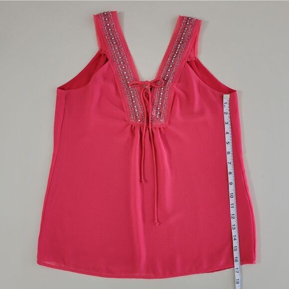 BKE Women's Deep Coral Embellished Chiffon Lined Lace-up Tank Blouse - Picture 6 of 13